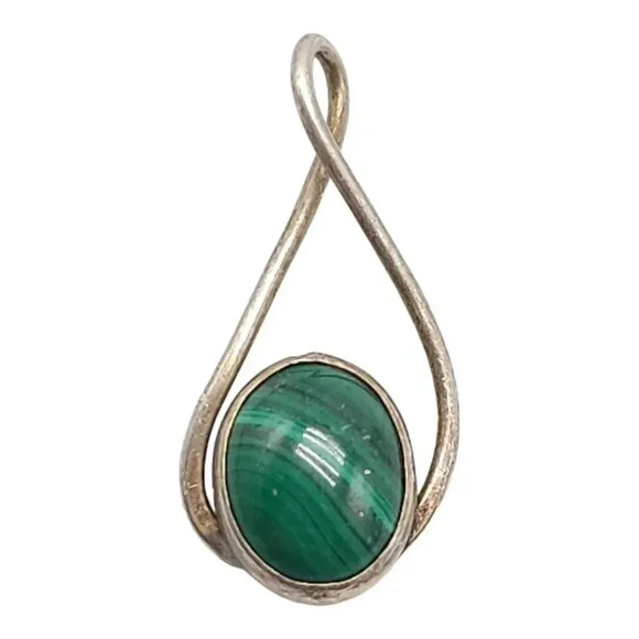 Green Malachite Pendant Gemstone Dangle Drop Silver Vintage - Picture 1 of 5